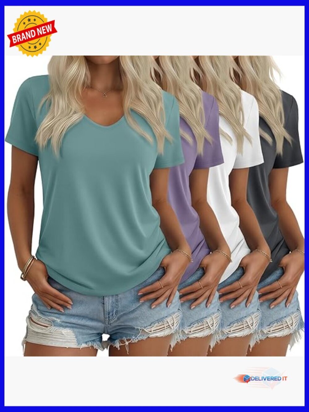 4 Pack Women's V Neck T Shirts Short Sleeve Summer Tees Regular Fit Soft Trendy